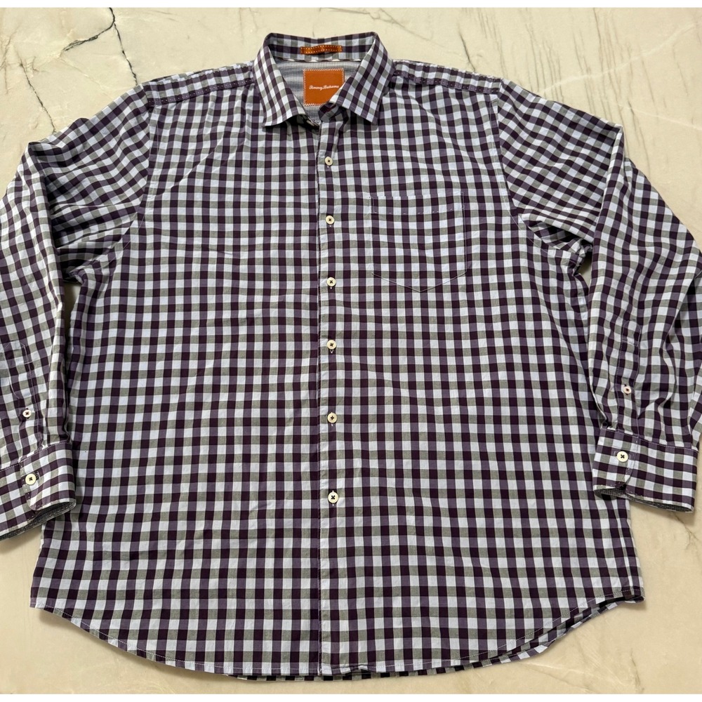 Tommy Bahama Mens XL Purple Grey Gingham Plaid Cotton Long Sleeve Button Down